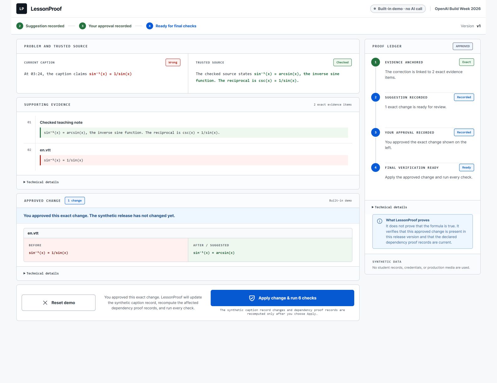 Actual LessonProof approved state: human approval recorded and final verification still pending