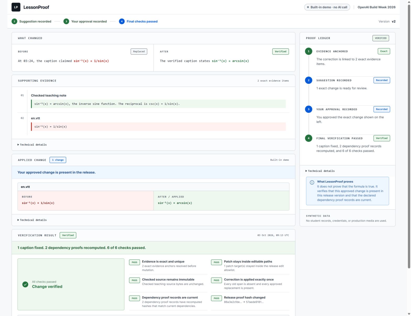 Actual LessonProof verified state: one caption fixed, two dependency proofs recomputed and six of six checks passed
